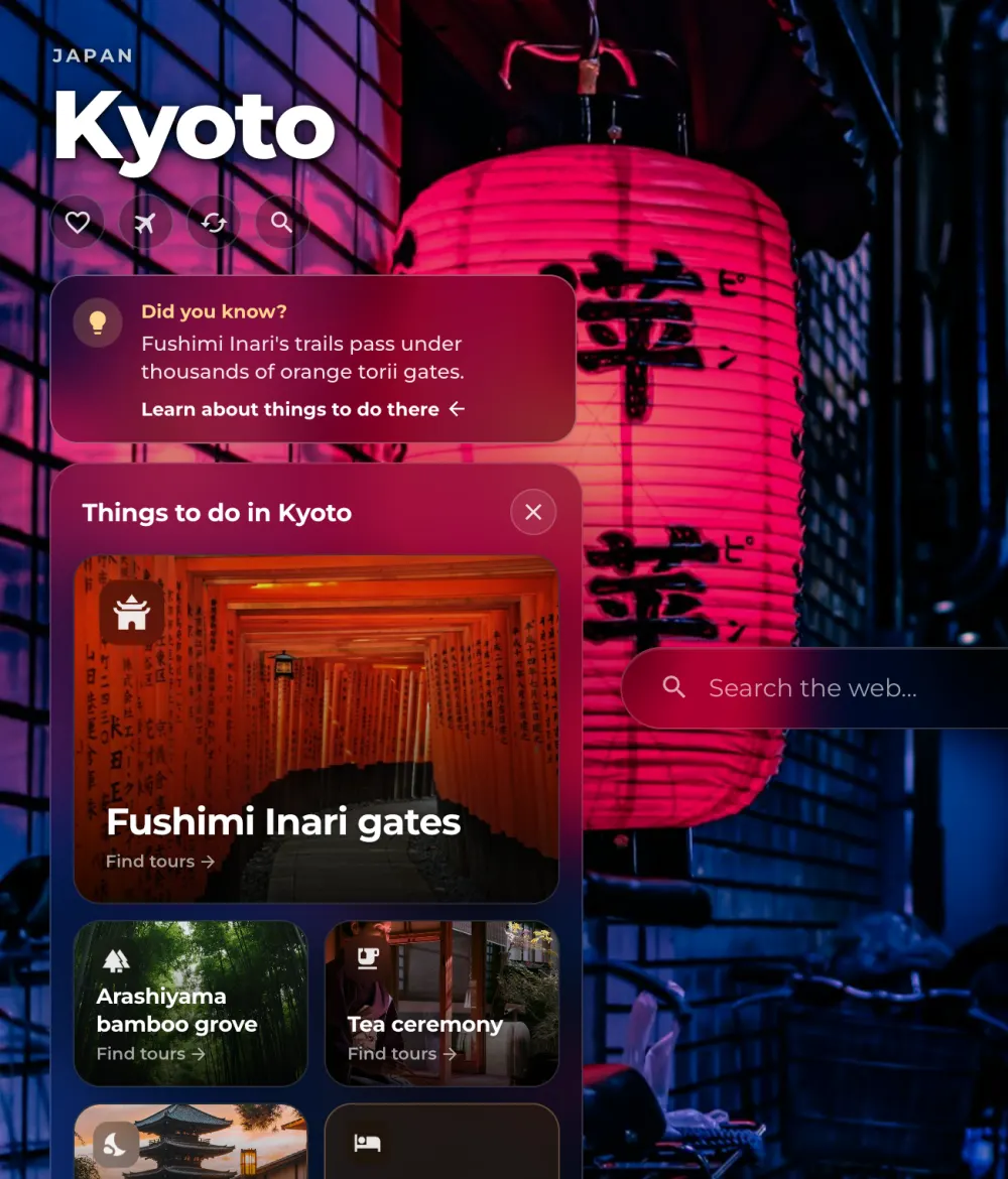 The Things to do in Kyoto drawer, with photo tiles for Fushimi Inari, Arashiyama bamboo grove, a tea ceremony and Gion