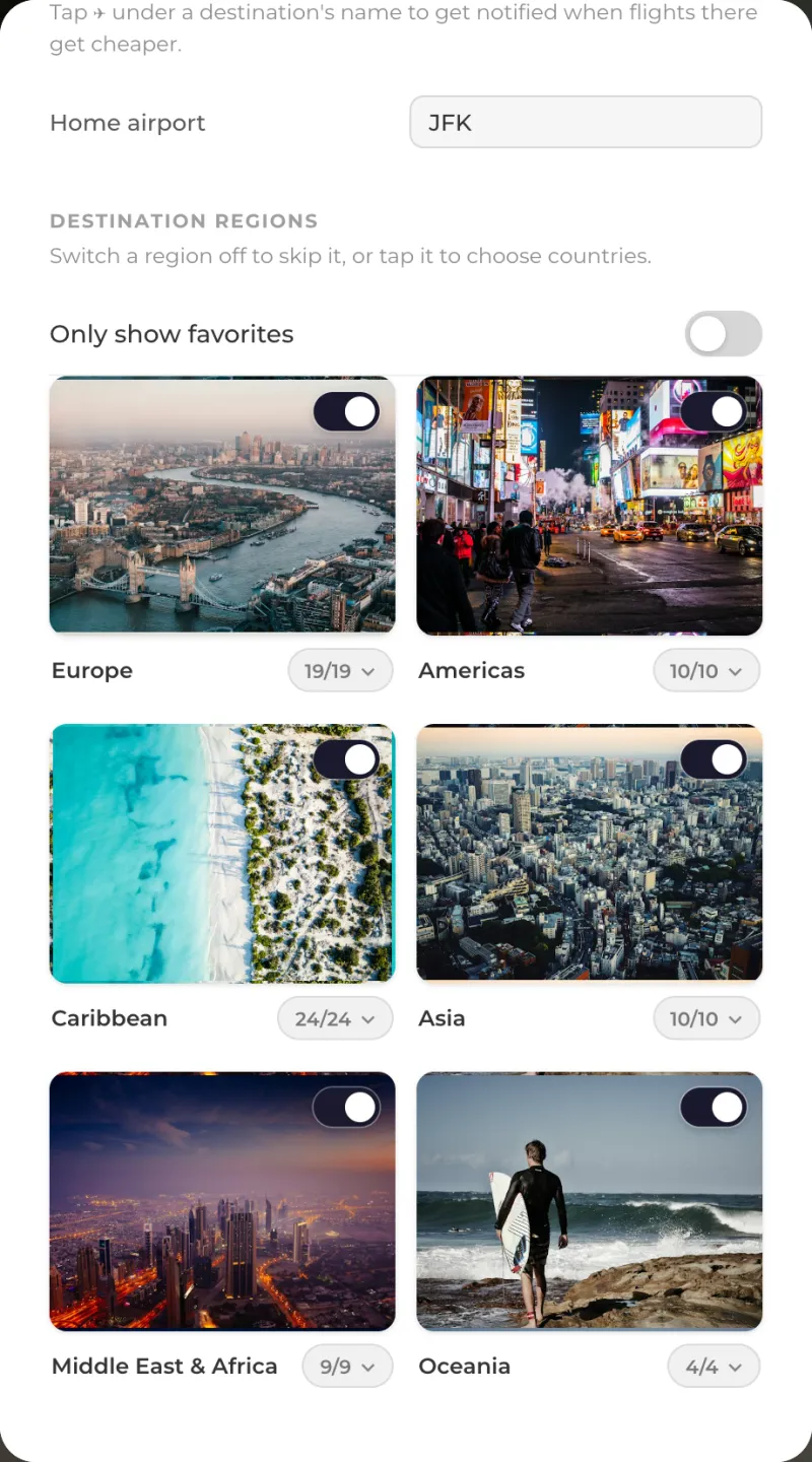 Settings with photo tiles for Europe, Americas, Caribbean, Asia, Middle East and Africa, and Oceania, each with an on/off switch